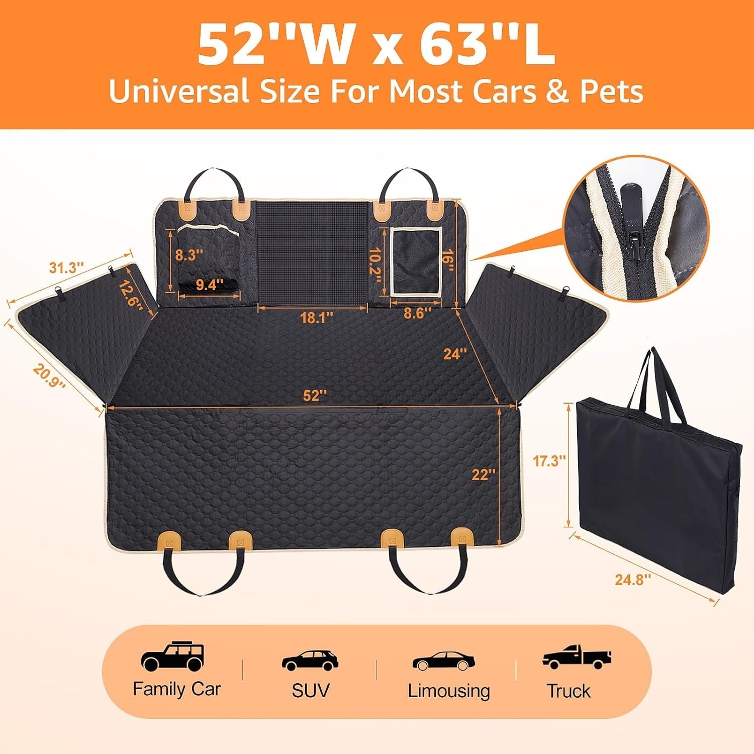 Waterproof Dog Car Seat Extender & Hammock – Hard Bottom, 600D Heavy-Duty, Scratch-Proof, Non-Slip Cover for Cars & SUVs with Detachable Design + Carry Bag